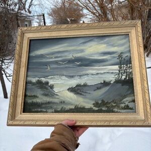 Vintage Oil Painting D.SMITH Ocean Side Shore Beach Nautical MCM ornate frame